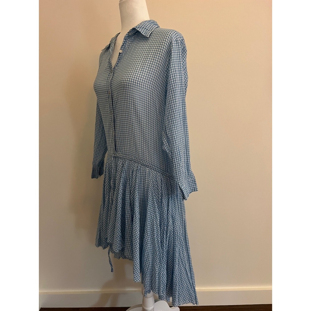 Free People One Gingham Shirt Dress Blue White High Low Cotton Small RN66170